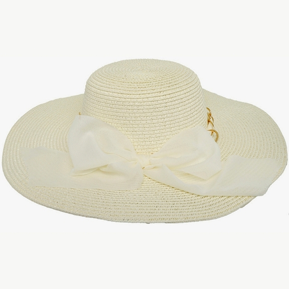 Floppy Wide Brim Oversized Straw Hat Woven Bow Knot Chain Band Summer Sun Beach - Picture 2 of 2